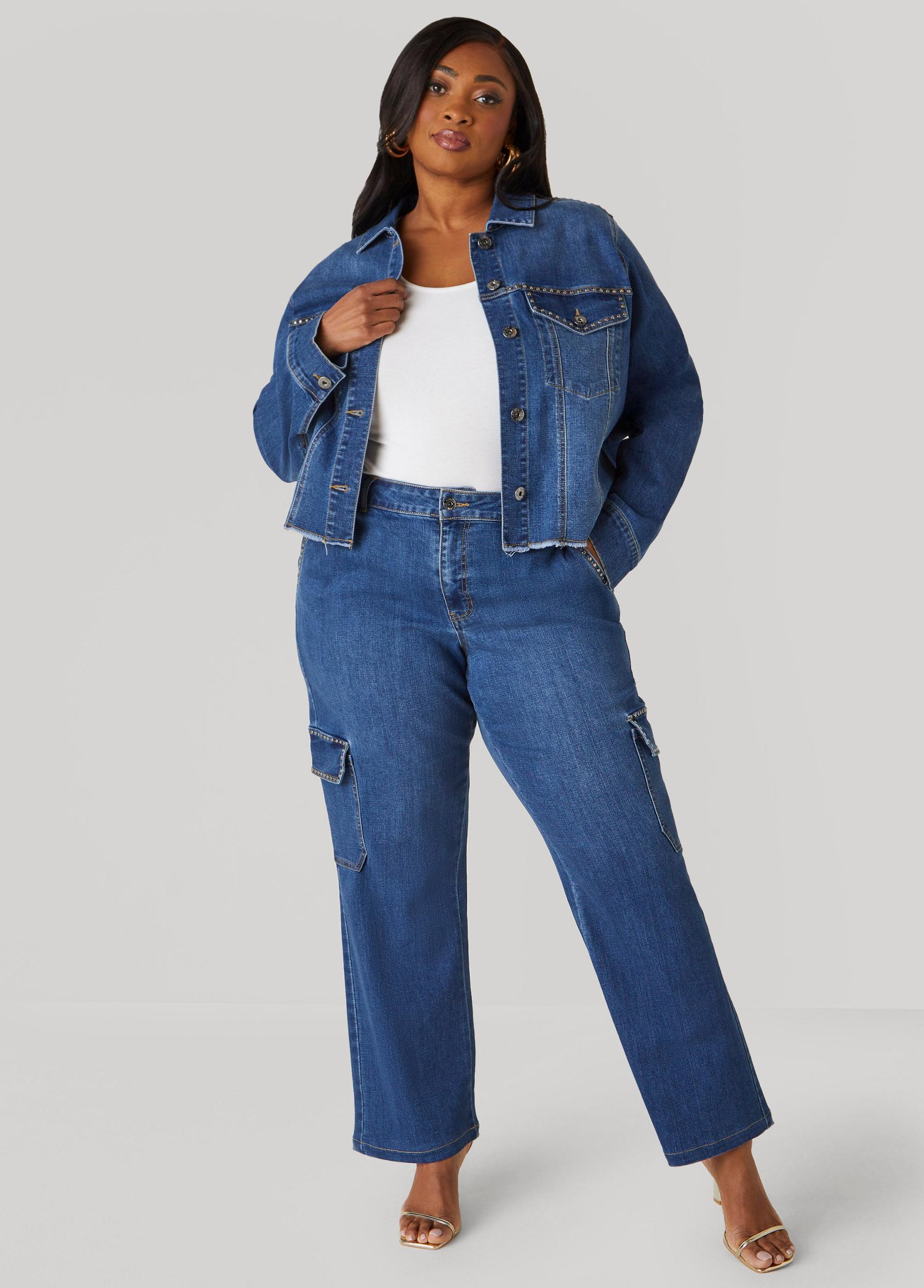 Plus Size Cropped Studded Denim Jacket Ashley Stewart Product Image