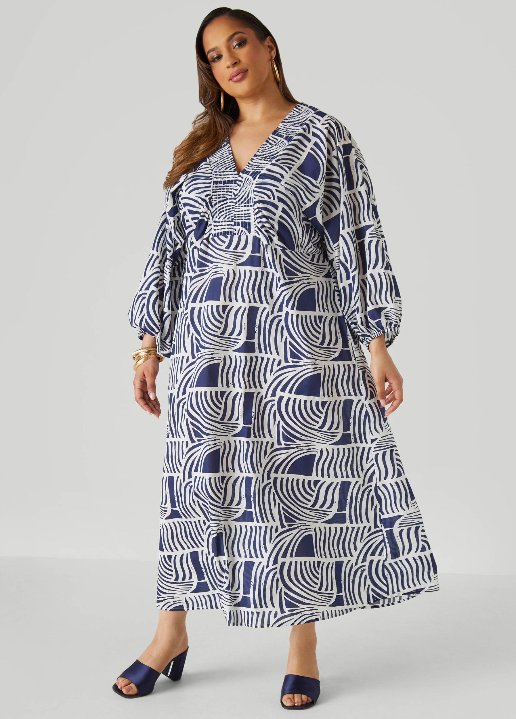Plus Size Shirred Printed Cotton Dress Ashley Stewart Product Image