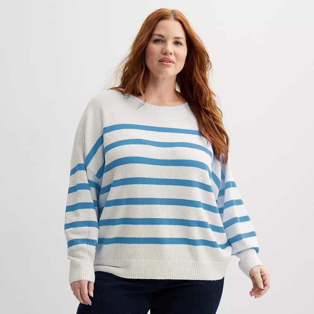 Plus Size Sonoma Goods For Life® Balloon Sleeve Sweater, Women's, Size: 3XL, Ivory Cerulean Stripe Product Image