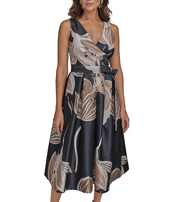 Donna Karan Sleeveless V-Neck Floral A-Line Midi Dress Product Image