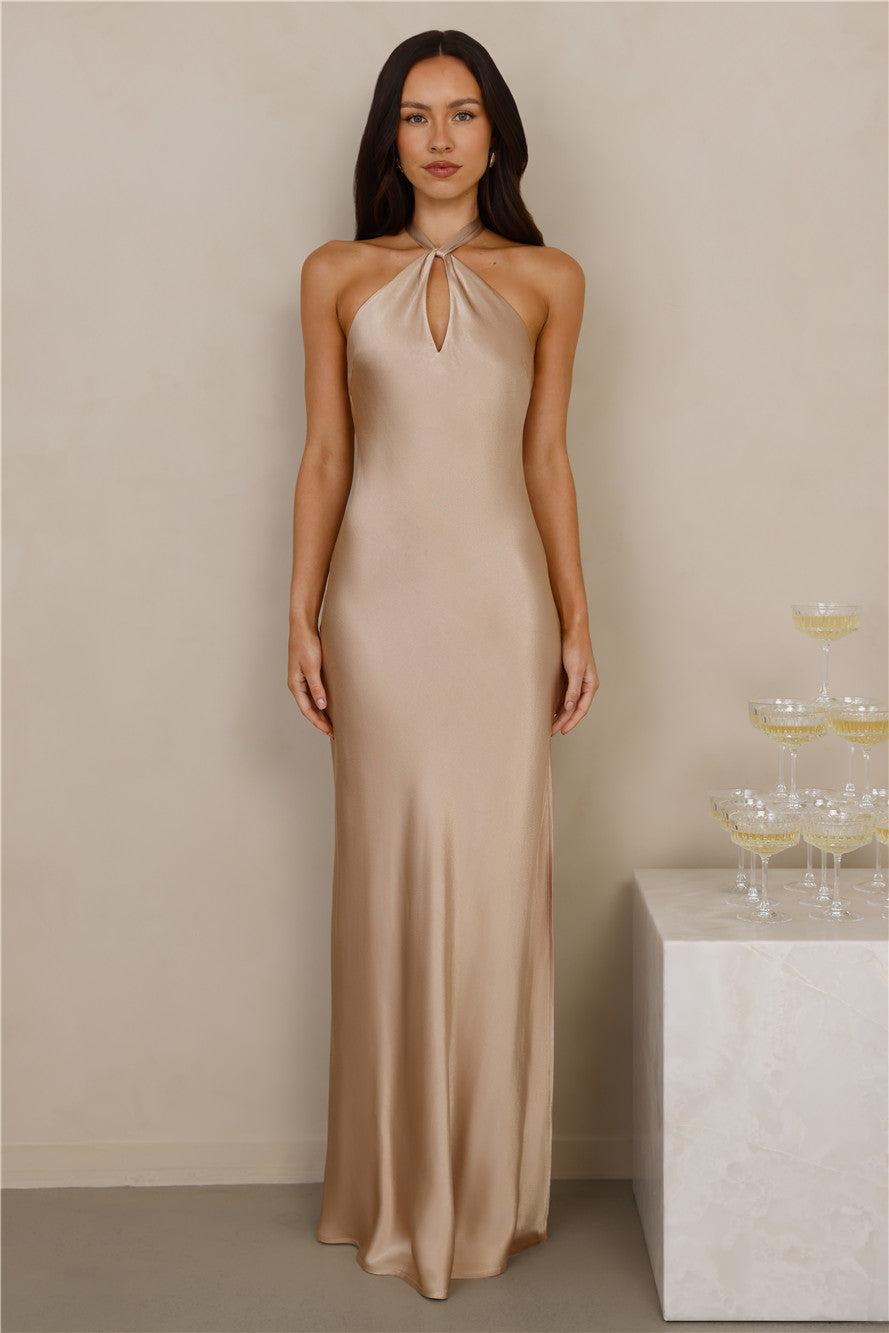 The Delilah Satin Halter Maxi Dress Champagne Product Image