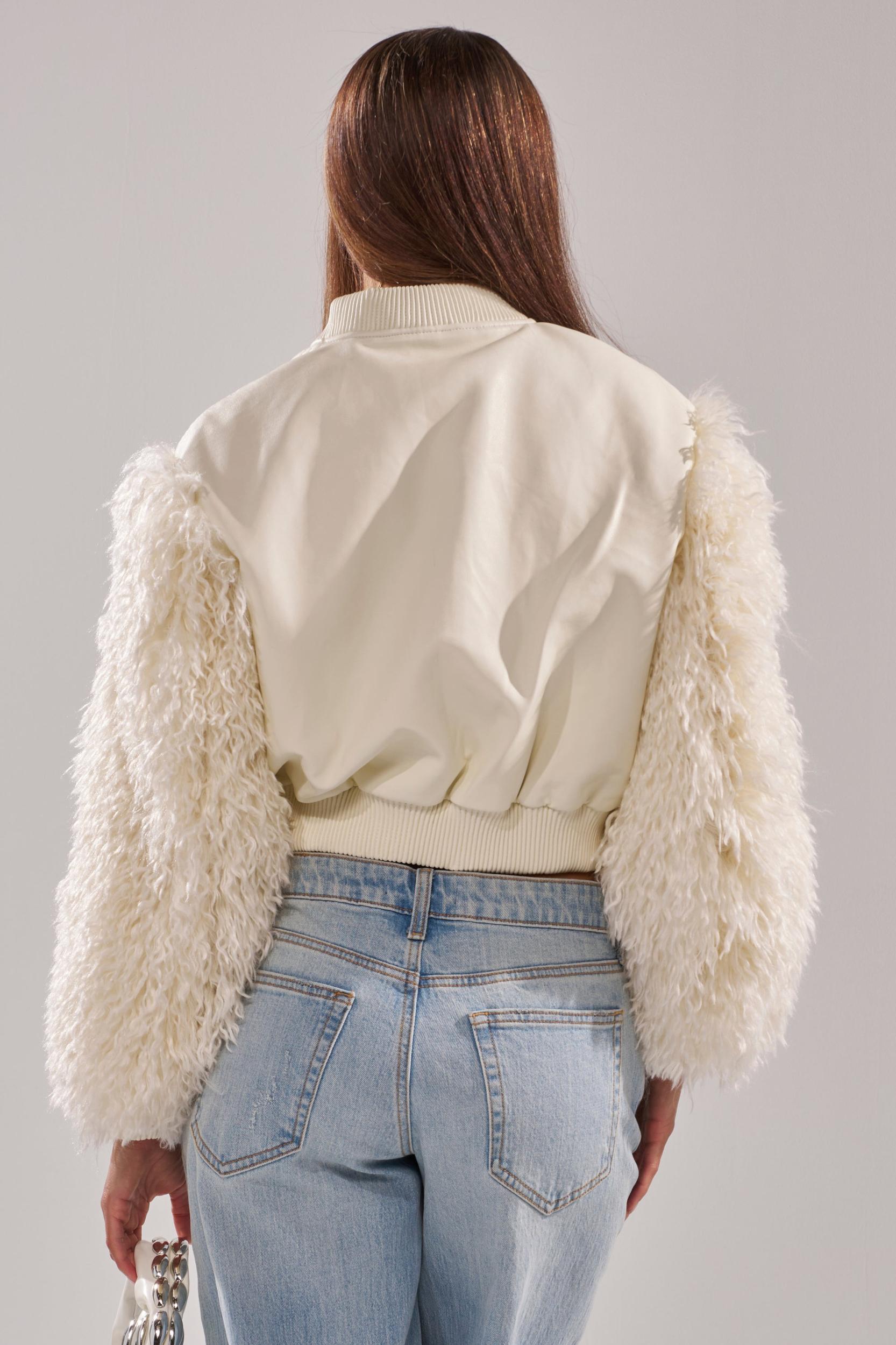 SO GOOD IT HURTS FUR SLEEVE BOMBER IN IVORY Product Image