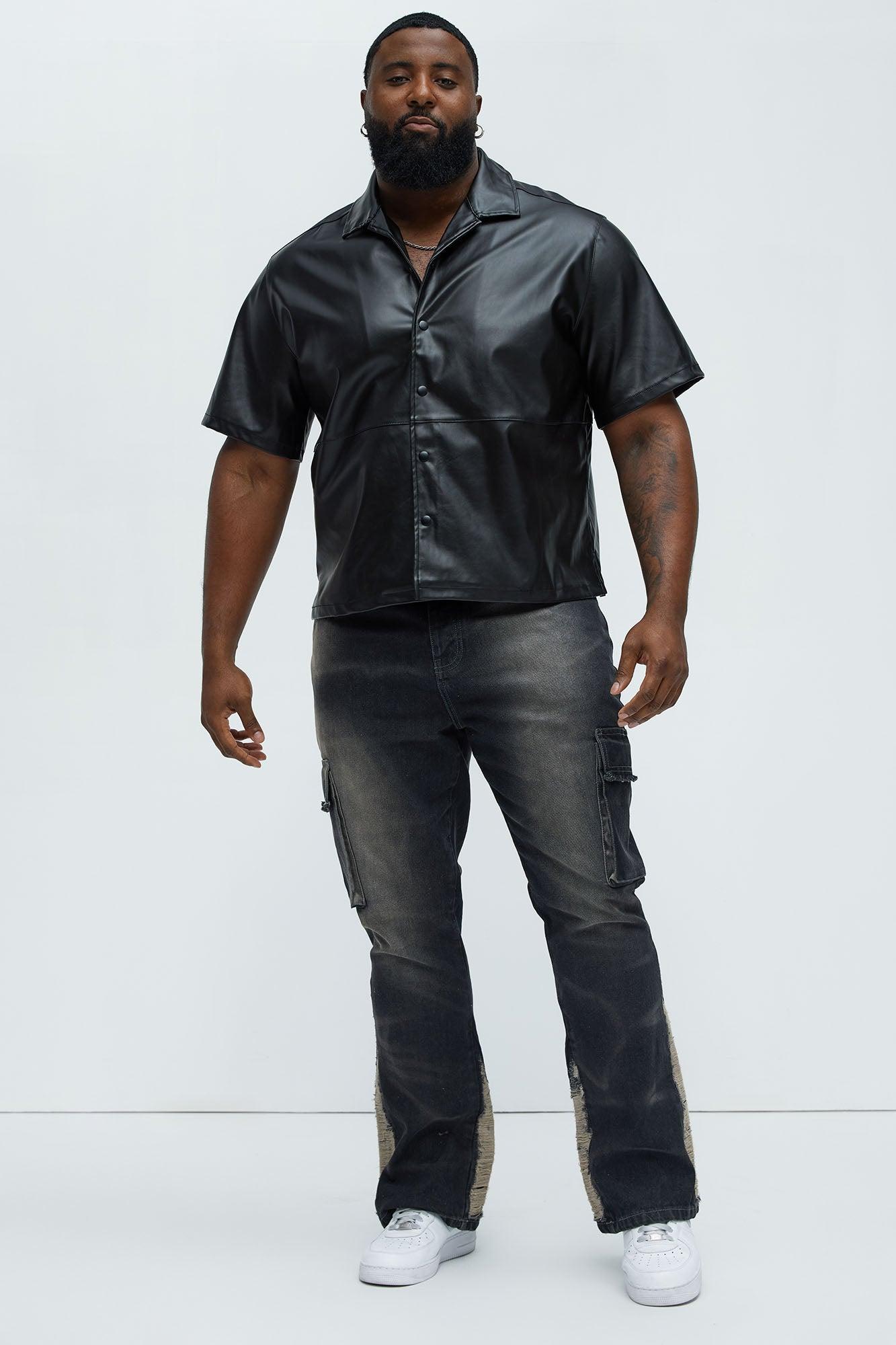 Slam Dunk Faux Leather Short Sleeve Button Up - Black Product Image