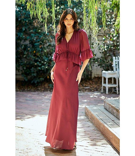 Moda Tara Crepe Satin & Georgette Chiffon Short Ruffle Sleeve A-Line Maxi Dress Product Image