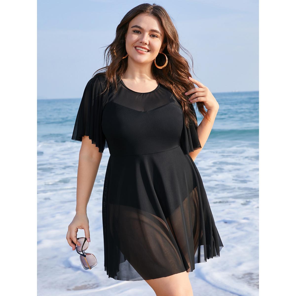 Plus Size Solid Mesh Patchwork Ruffle Sleeve Swim Dress Women's Swimwear Black Vacation Bodycon Round Neck High stretch Curve Swim Dresses BloomChic 22-24/3X Product Image