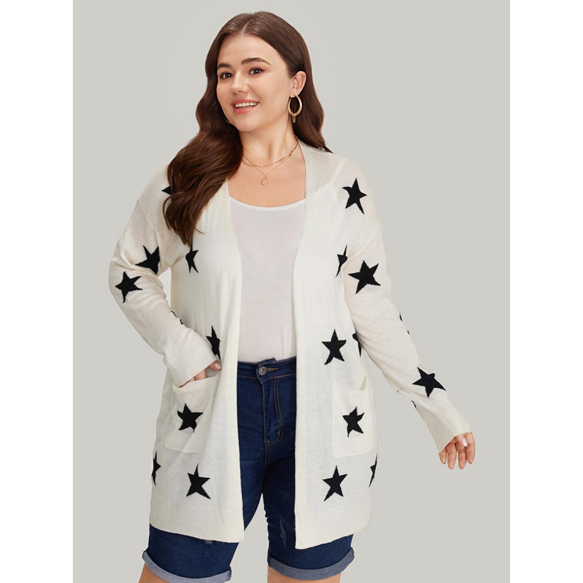 Plus Size Supersoft Essentials Star Print Pocket Open Front Cardigan Beige Women Casual Loose Long Sleeve Dailywear Cardigans BloomChic 22-24/3X Product Image