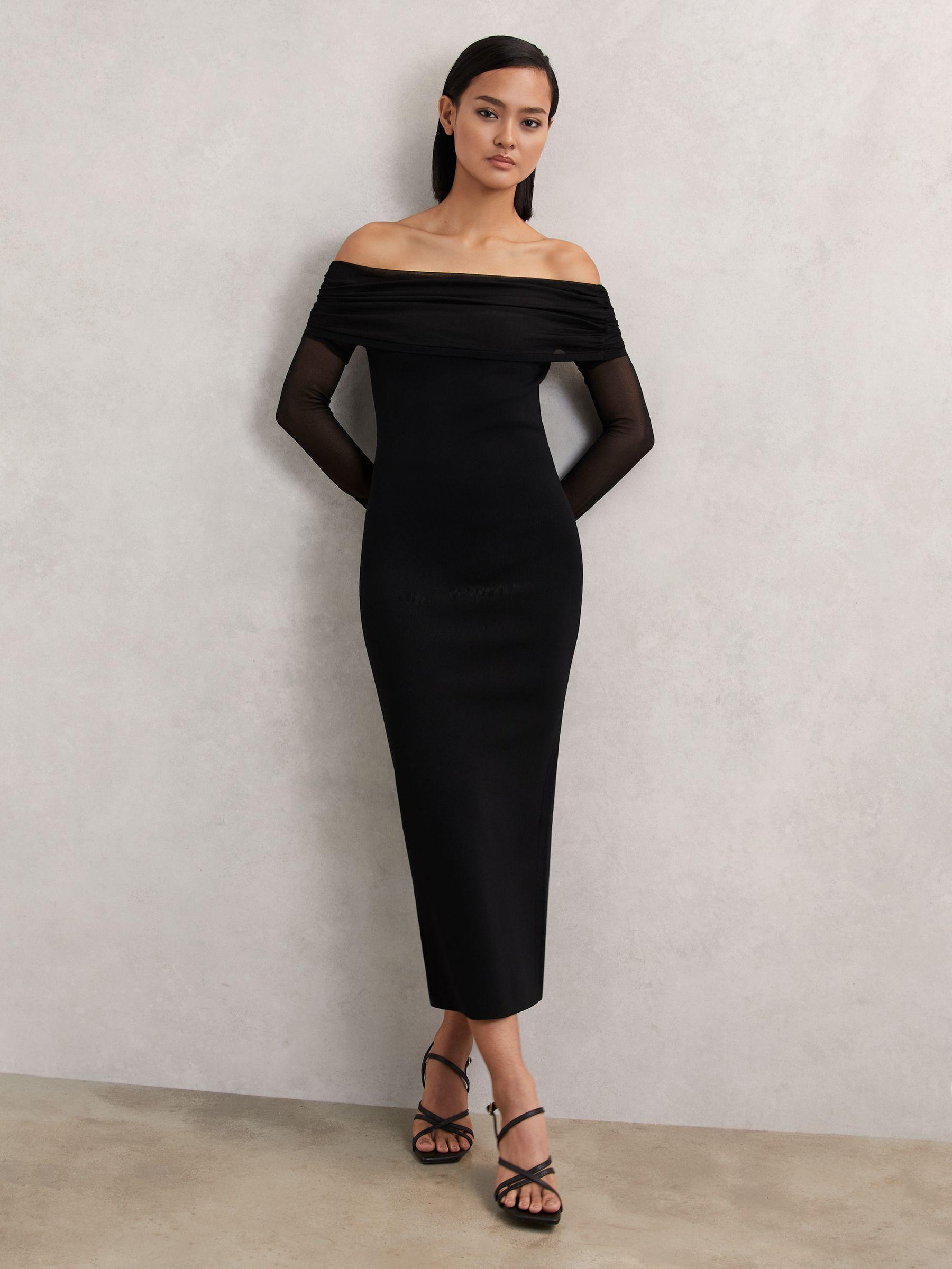 Sheer-Sleeve Knit Midi Dress in Black Product Image