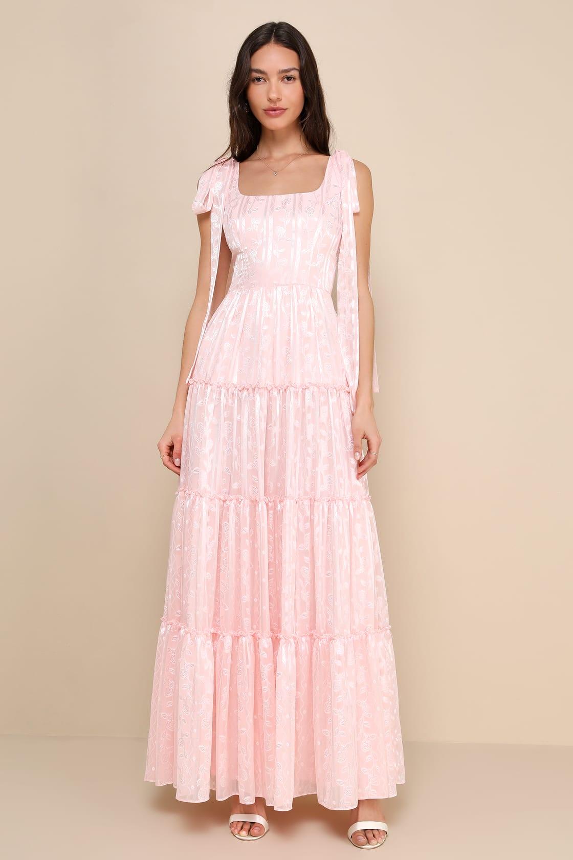 Picturesque Allure Blush Pink Jacquard Tie-Strap Maxi Dress Product Image