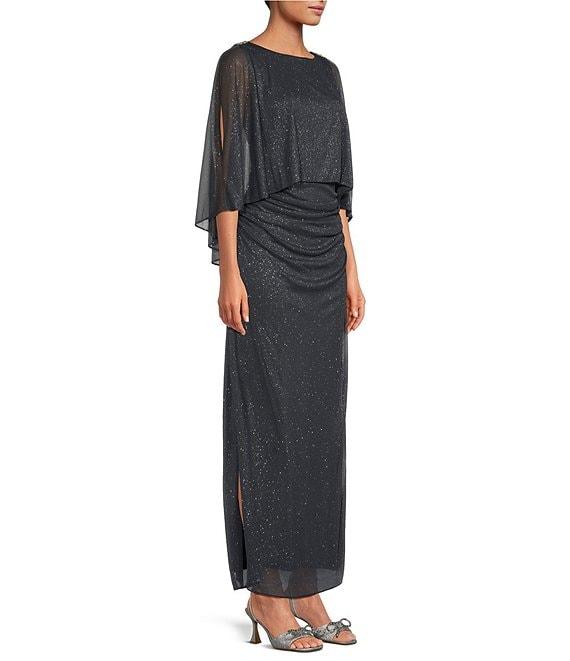 Ignite Evenings 3/4 Capelet Sleeve Round Neck Glitter Mesh Column Dress Product Image