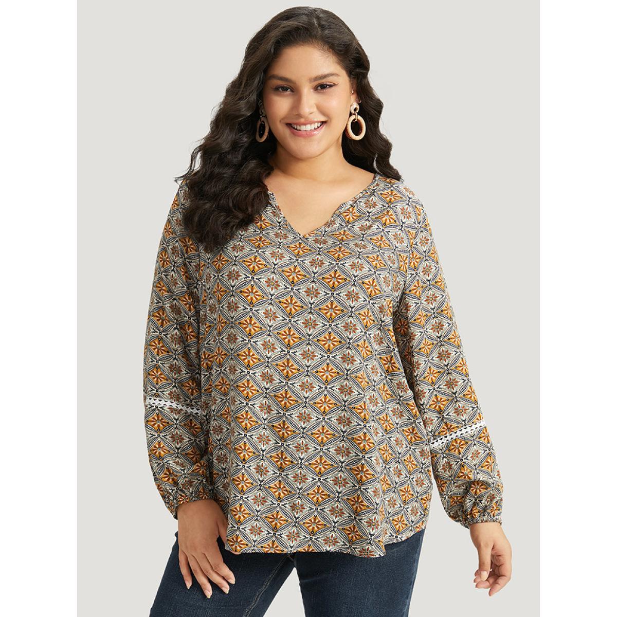 Plus Size Bronze Boho Print Notched Contrast Lace Blouse Women Vacation Long Sleeve Notched collar Dailywear Blouses BloomChic 14-16/1X Product Image