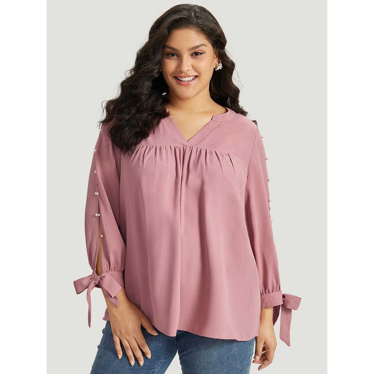 Plus Size DustyPink Plain Pleated Ties Beaded Notched Blouse Women Elegant Long Sleeve Notched collar Dailywear Blouses BloomChic 18-20/2X Product Image