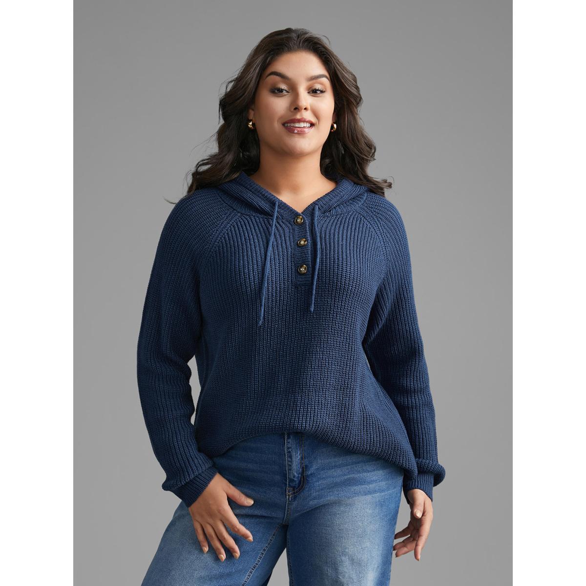 Plus Size Plain Button Up Hooded Pullover Indigo Women Casual Loose Long Sleeve Hooded Everyday Pullovers BloomChic 10/M Product Image
