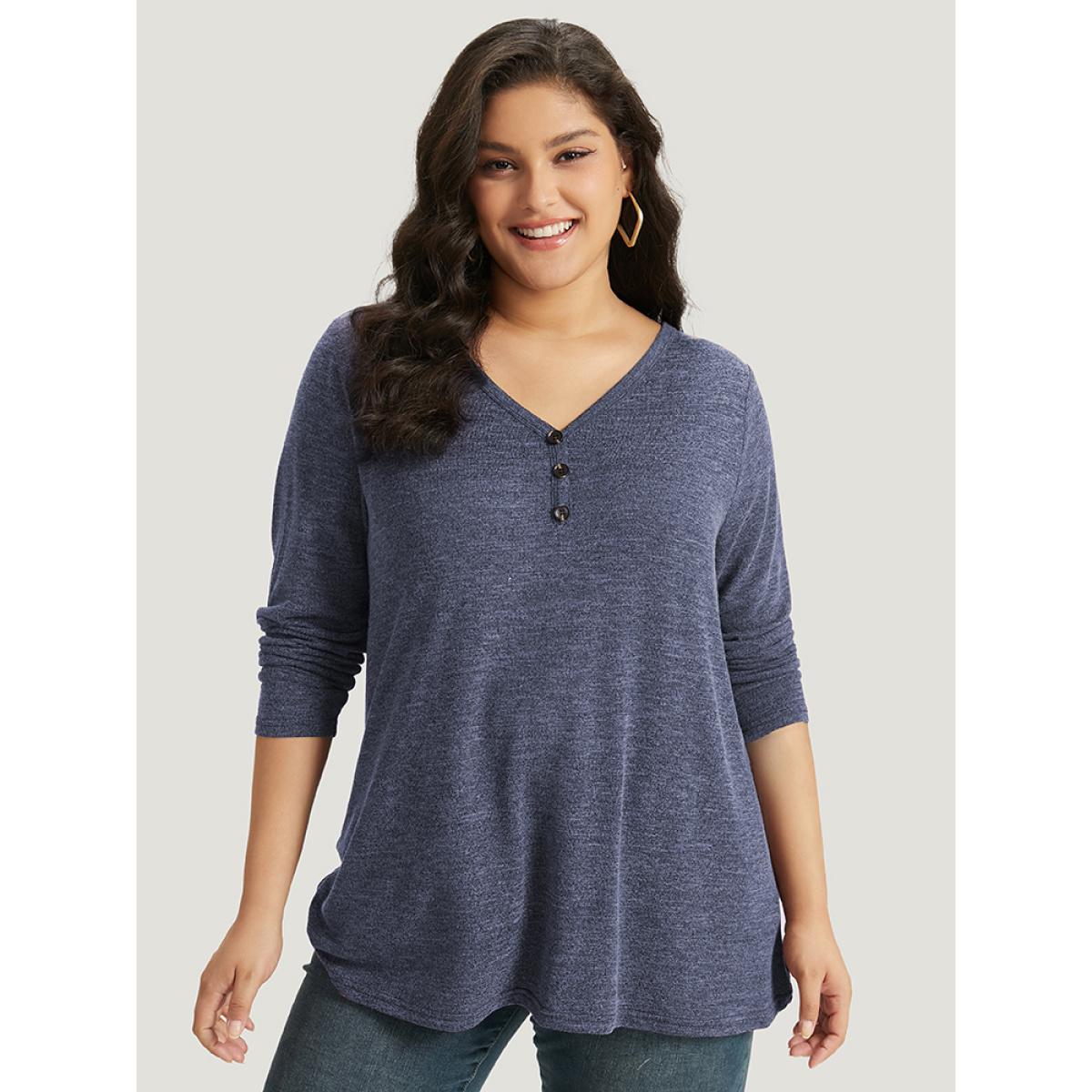 Plus Size Heather Button Up Long Sleeve T-shirt Emerald Women Leisure Heather Plain Casual T-shirts BloomChic 18-20/2X Product Image