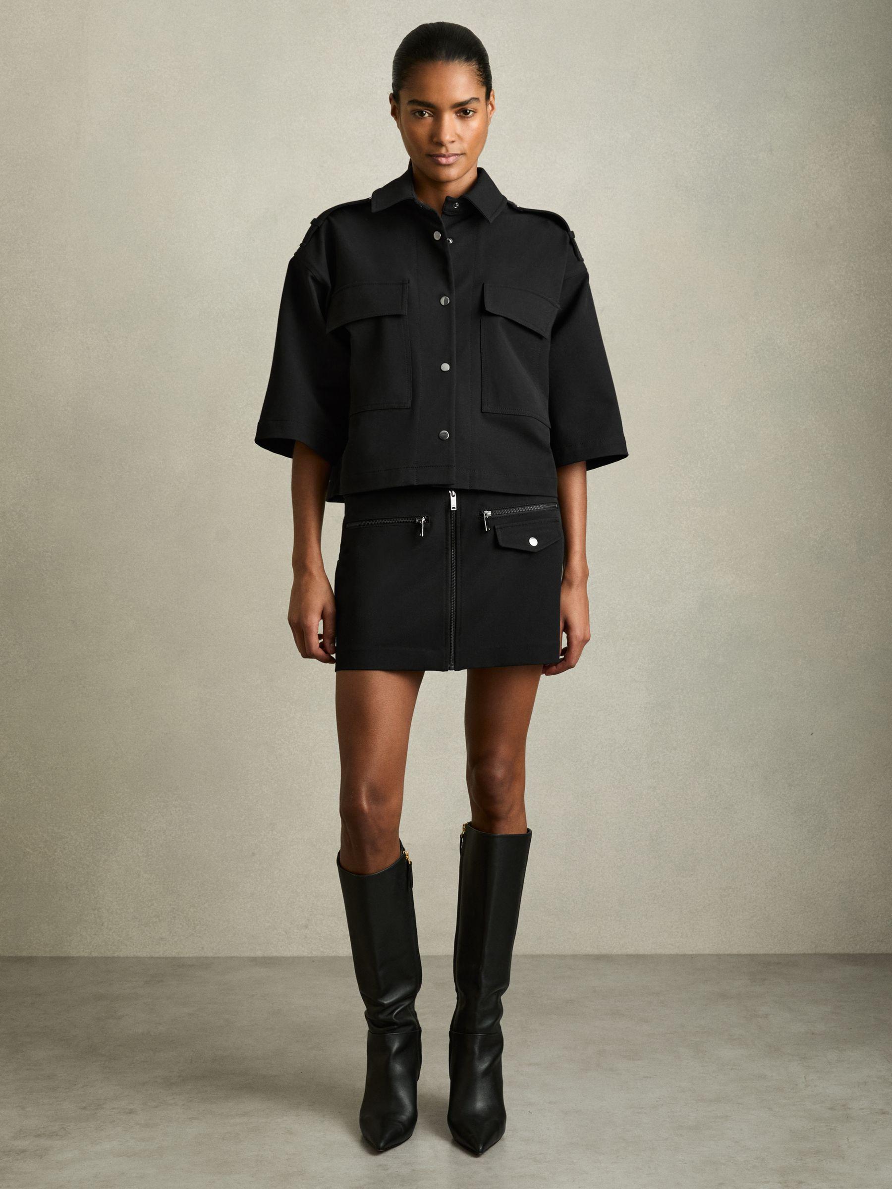 Cropped Twill Shirt Jacket in Black Product Image