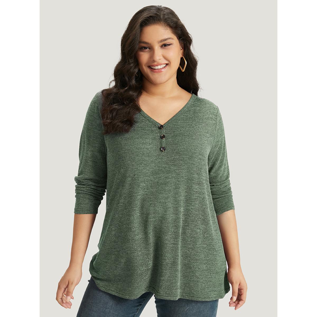 Plus Size Heather Button Up Long Sleeve T-shirt Emerald Women Leisure Heather Plain Casual T-shirts BloomChic 18-20/2X Product Image