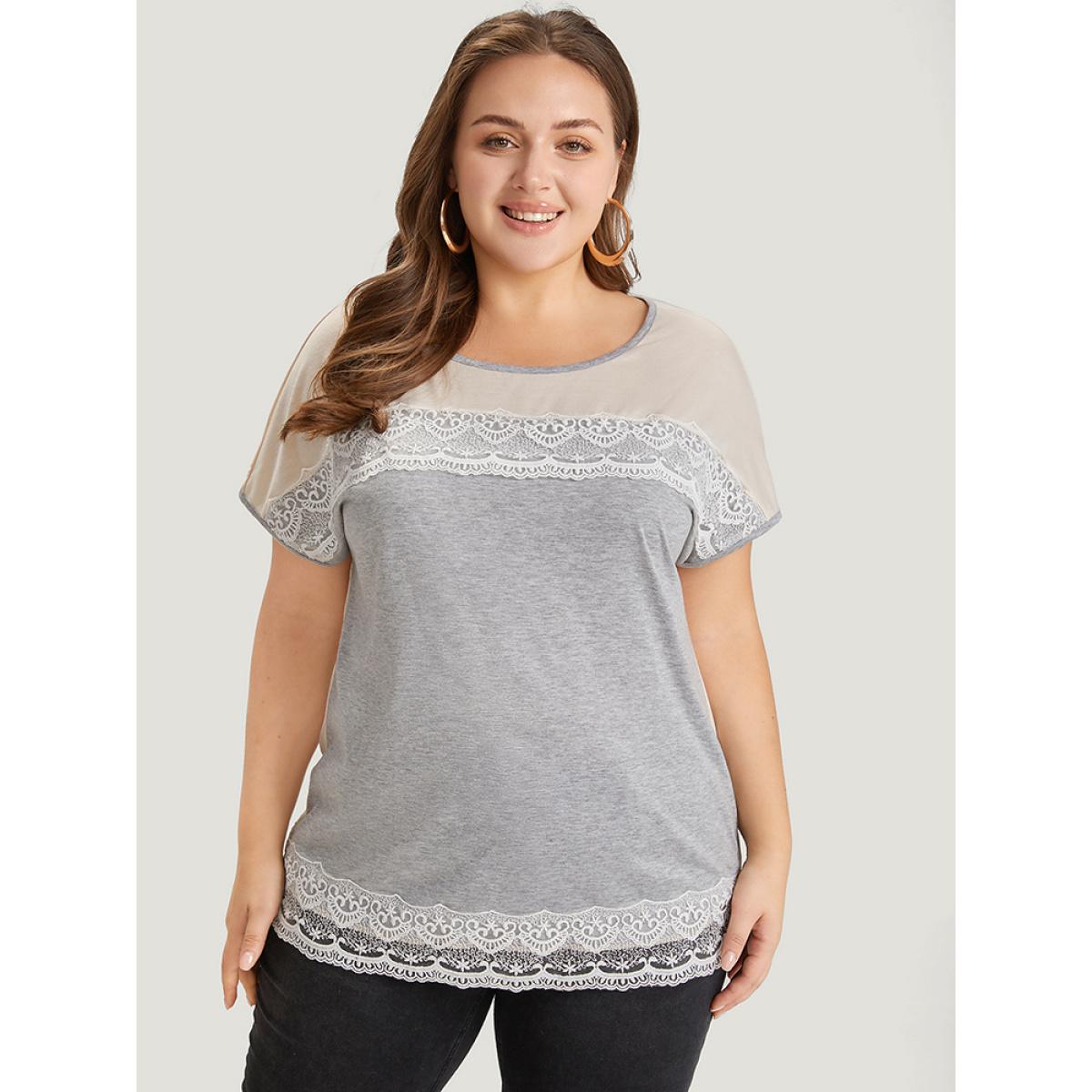 Plus Size Lace Panel Contrast Batwing Sleeve T-shirt Gray Women Elegant Contrast Plain Round Neck Dailywear T-shirts BloomChic 18-20/2X Product Image
