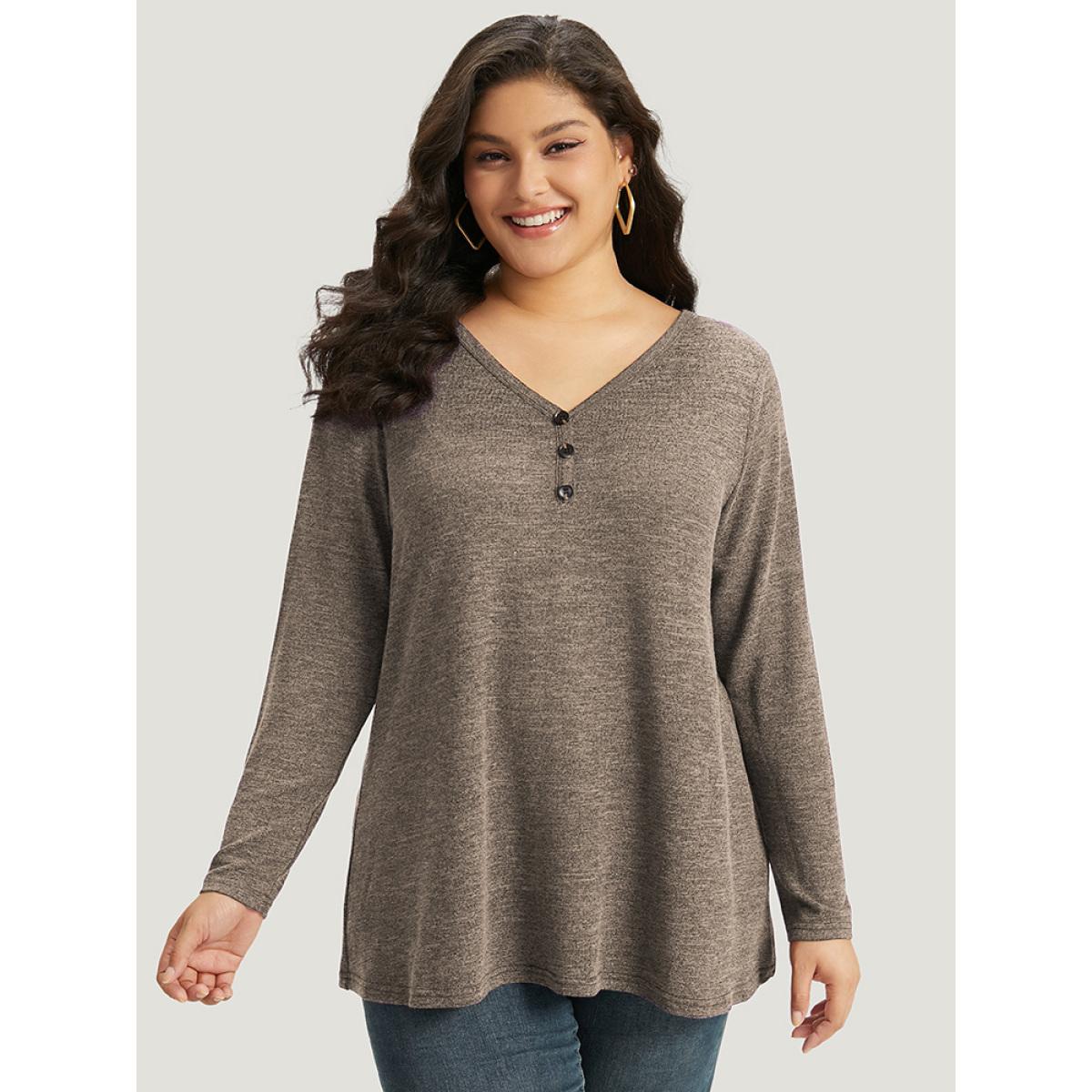 Plus Size Heather Button Up Long Sleeve T-shirt Emerald Women Leisure Heather Plain Casual T-shirts BloomChic 18-20/2X Product Image