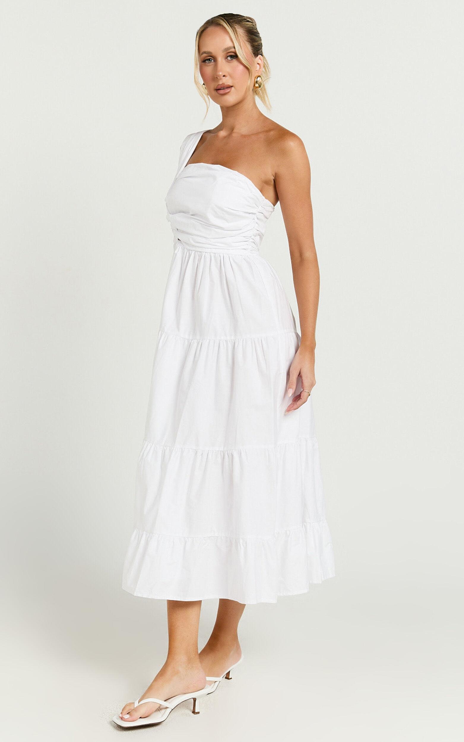 Stephanie Midi Dress - One Shoulder Tiered Midi Dress in White Product Image