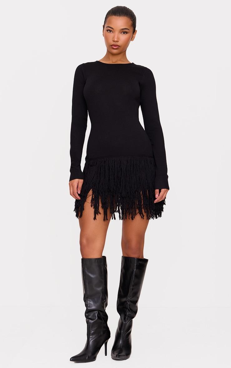 Black Fine Knit Fringe Hem Long Sleeve Micro Mini Dress Product Image