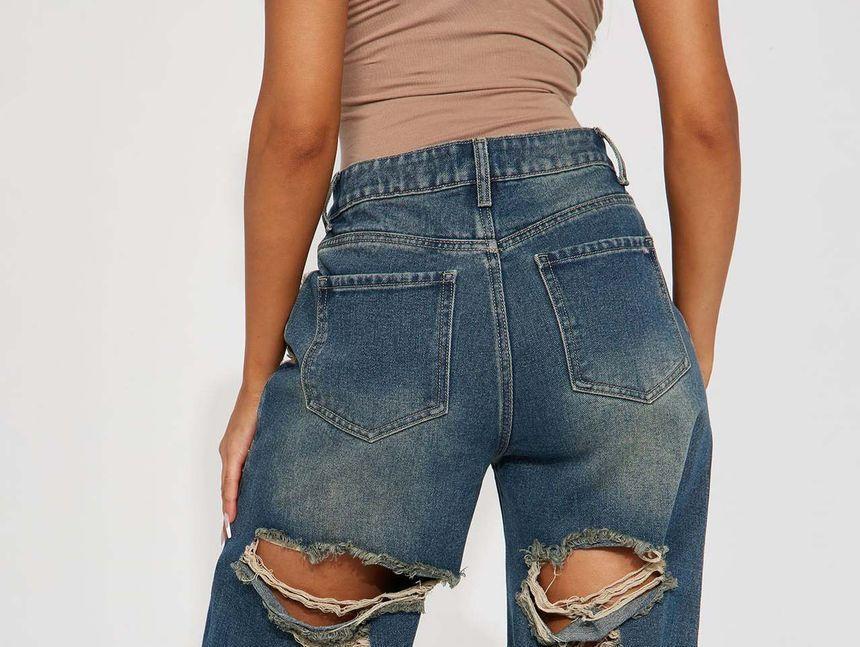 High Waist Washed Ripped Wide Leg Jeans Product Image