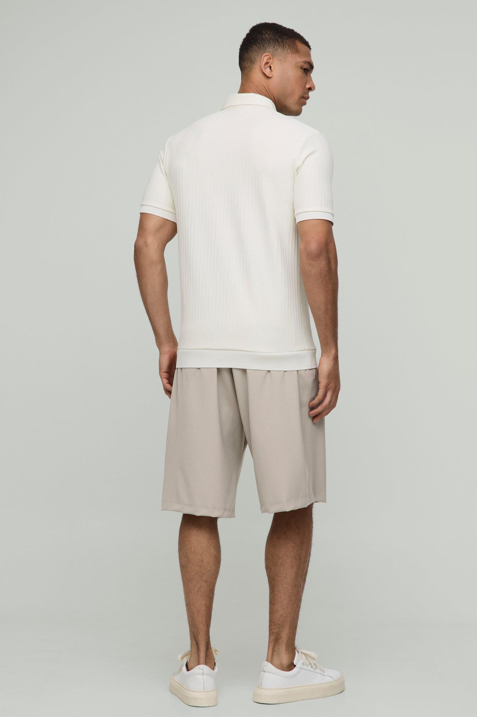 Slim Fit Zip Collar Textured Stripe Short Sleeve Polo | boohooMAN USA Product Image