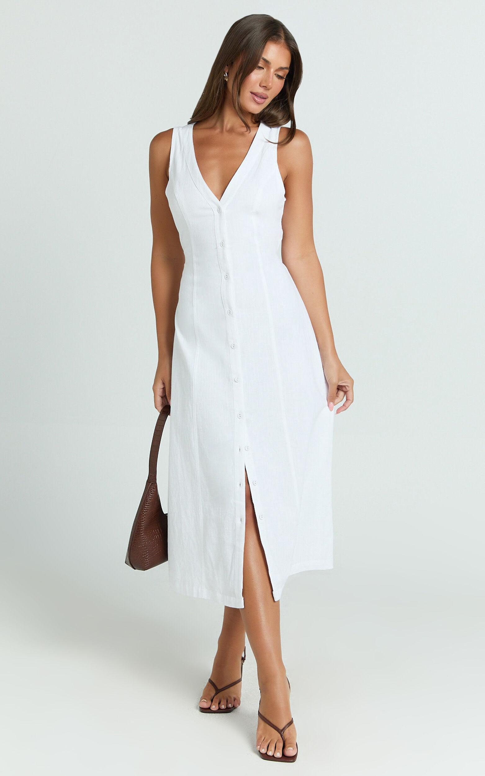 Juliet Midi Dress - Button Through V Neck Dress in White Product Image