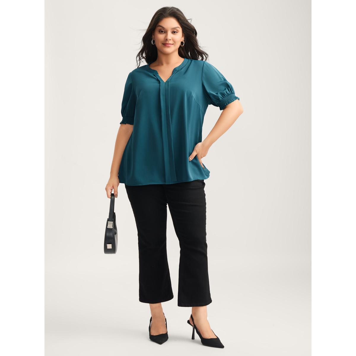 Plus Size Aegean Shirred Puffy Sleeve Solid Blouse Women Short sleeve Flat collar with V-notch Work Blouses BloomChic 30/6X Product Image