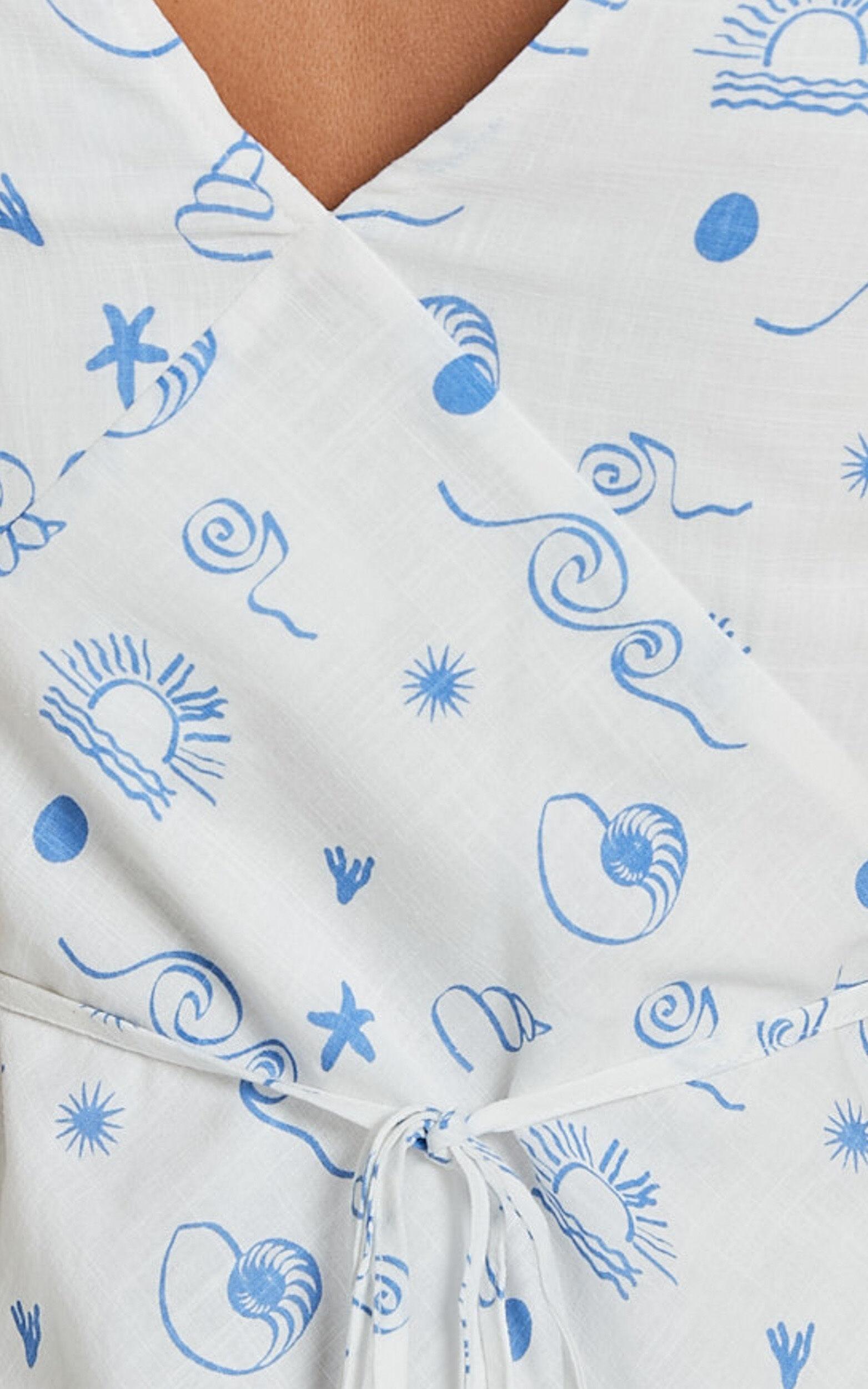 Becca Midi Dress - Ruched Bust Sleeveless V Neck Dress in Blue Print Product Image