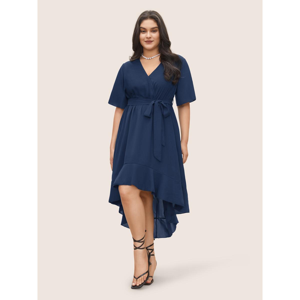 Plus Size Bloom Dress - Solid Tie Surplice Ruffle High Low Dress DarkBlue Women Elegant Cross straps V-neck Short sleeve Curvy Midi Dress BloomChic 22-24/3X Product Image