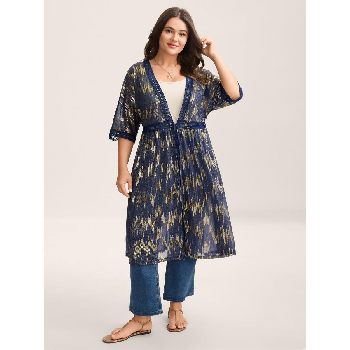 Plus Size Glitter Tassels Webbed Open Front Kimono Women Indigo Woven ribbon&lace trim Vacation Kimonos BloomChic 14-16/1X Product Image