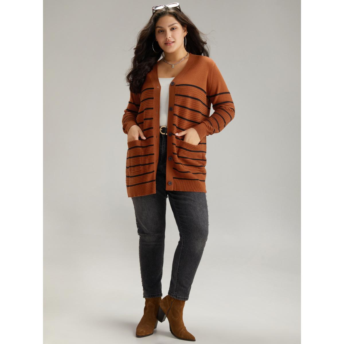 Plus Size Striped Button Down Patched Pocket Cardigan Rust Women Casual Loose Long Sleeve Everyday Cardigans BloomChic 10/M Product Image