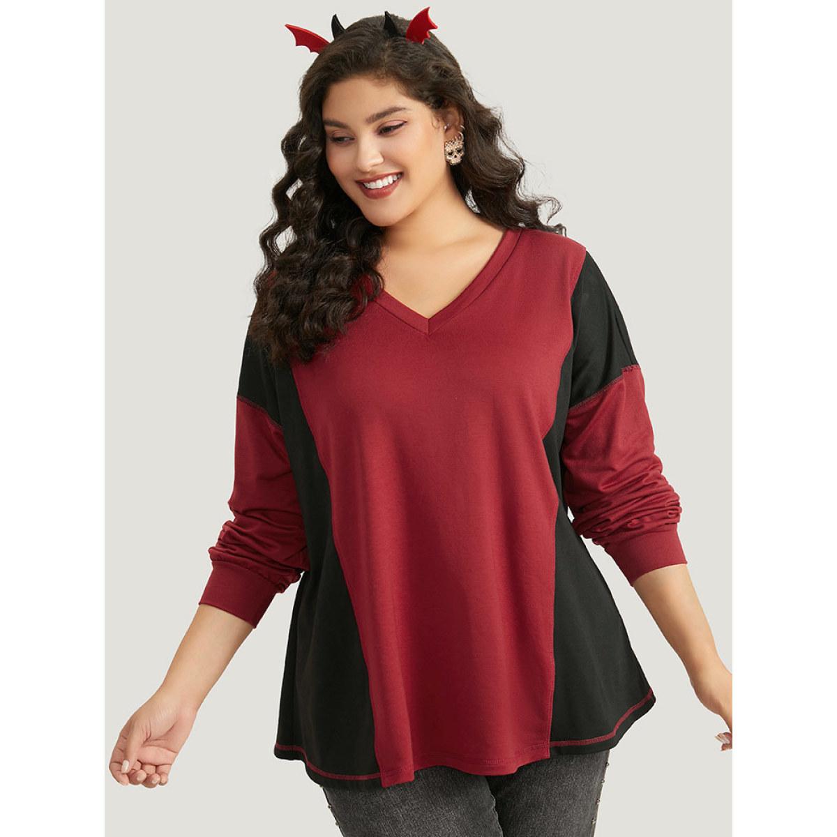 Plus Size Halloween Two Tone Stitch Patchwork Sweatshirt Women Black Casual Elastic cuffs V-neck Festival-Halloween Sweatshirts BloomChic 14-16/1X Product Image
