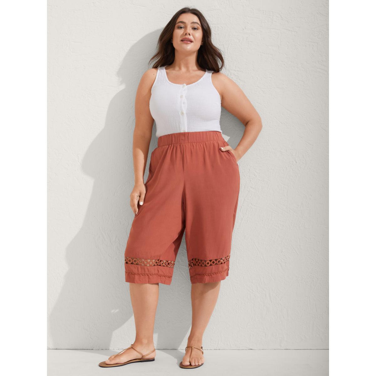Plus Size Lace Trim Plain Straight-Leg Pants Women Rust Resort Straight Leg Mid Rise Vacation Pants BloomChic 14-16/1X Product Image