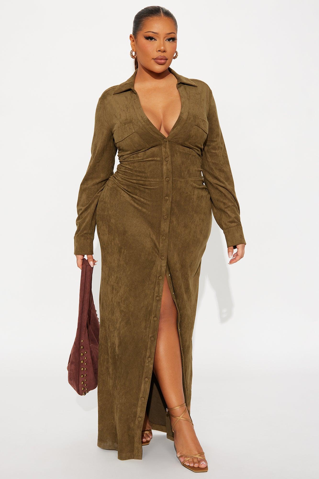 Noelle Suede Maxi Shirt Dress - Olive Female Product Image