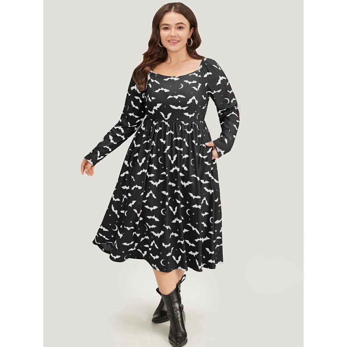 Plus Size Halloween Bat Print Pocket Square Neck Dress Black Women Casual Gathered Square Neck Long Sleeve Curvy Midi Dress BloomChic 12/L Product Image