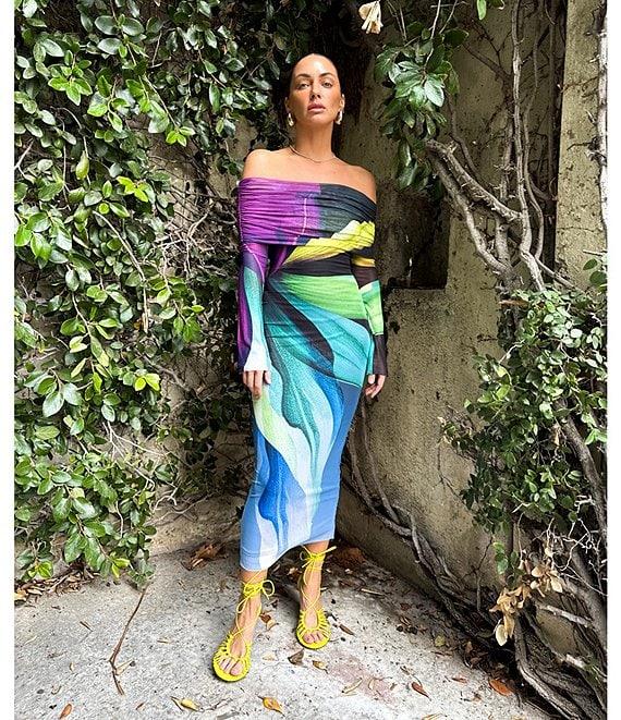 AFRM Cornelia Printed Off the Shoulder Long Sleeve Mesh Midi Dress Product Image