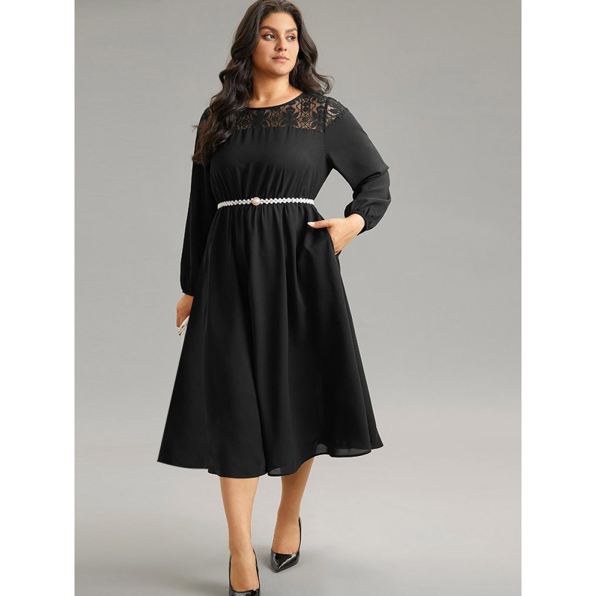 Plus Size Lace Panel Patchwork Lantern Sleeve Dress Black Women At the Office Elastic cuffs Round Neck Long Sleeve Curvy Midi Dress BloomChic 14-16/1X Product Image