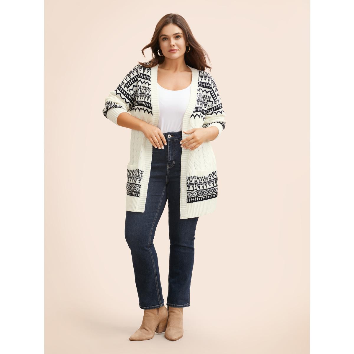 Plus Size Bandana Jacquard Cable Knit Pocket Cardigan Ivory Women Leisure Loose Long Sleeve Casual Cardigans BloomChic 30/6X Product Image
