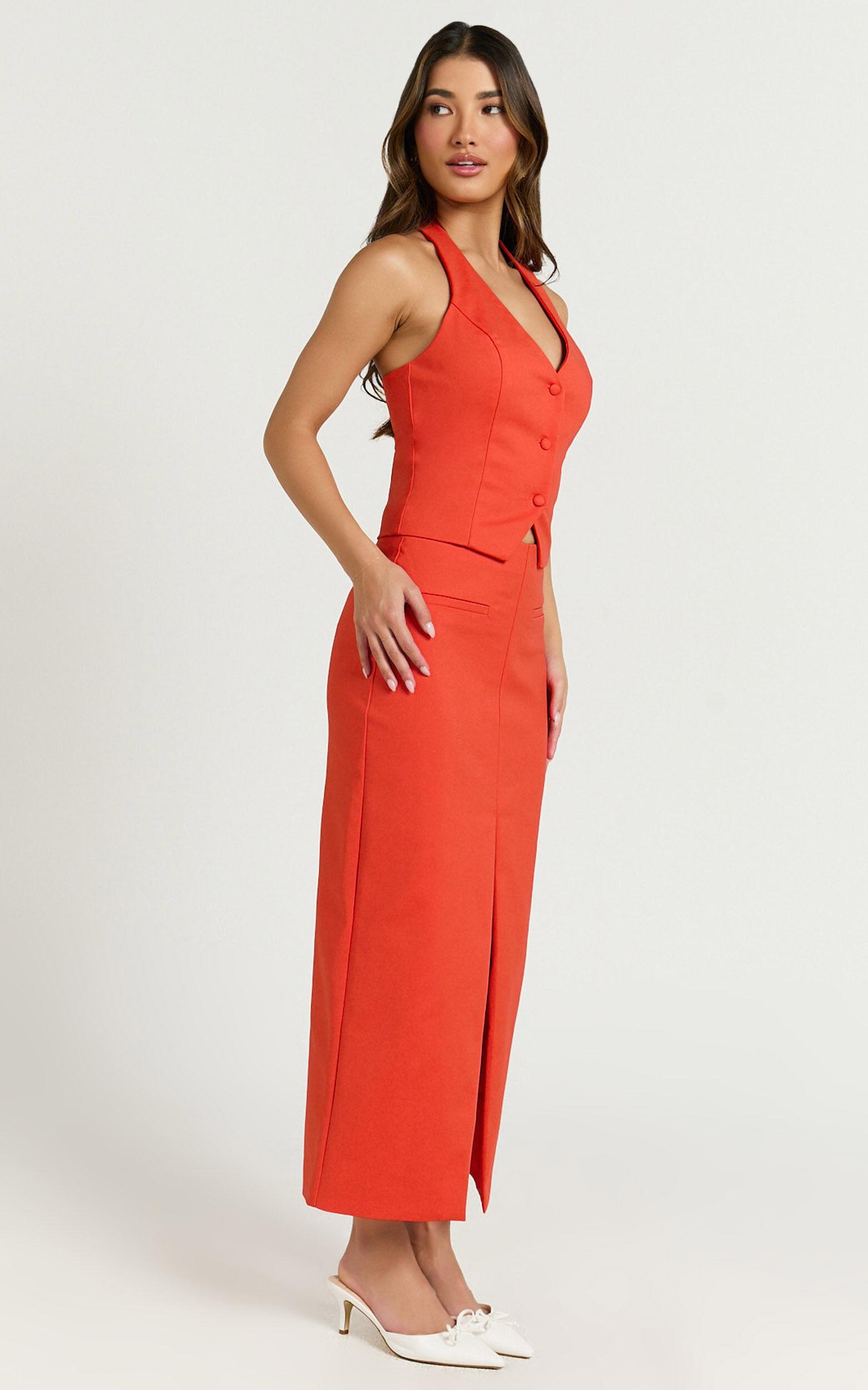 Kai Midi Skirt - Mid Waisted Front Split Fitted Skirt in Orange Product Image