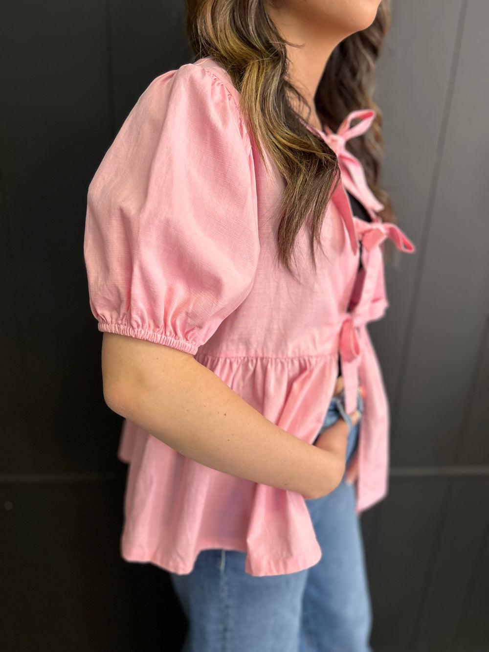 Short Sleeve Woven Front Bow Tie Top - 5 Colors* Product Image