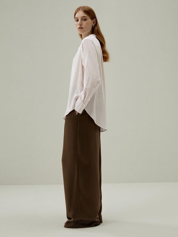 LILYSILK Women's Silk Charmeuse Oversized SOS Shirt, Brown Pinstripe, XXL Product Image