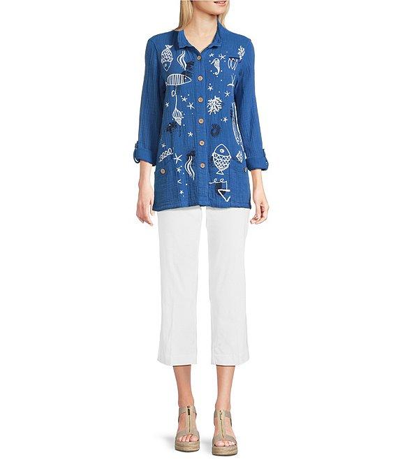 Ali Miles Woven Novelty Abstract Fish Print Wire Collar 3/4 Roll-Tab Sleeve Button Front Tunic Product Image