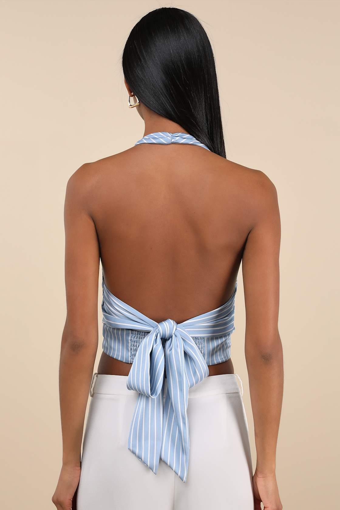 Damaina Light Blue Striped Satin Tie-Back Halter Top Product Image