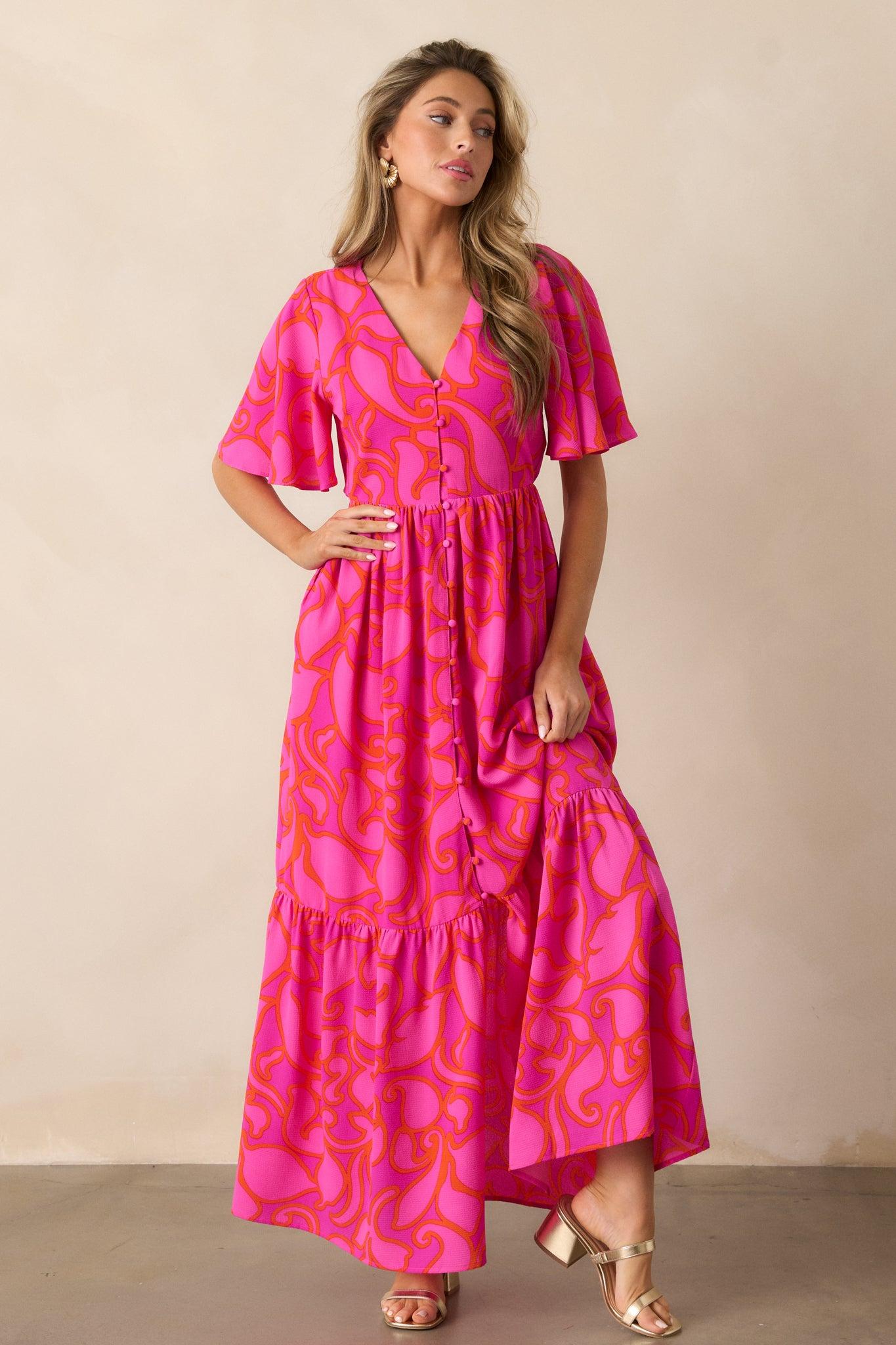 Budding Hearts Magenta Floral Button Front Maxi Dress Product Image