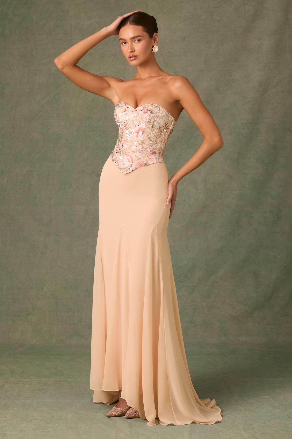 Embellished Corset Fishtail Gown in Floral Beige Product Image