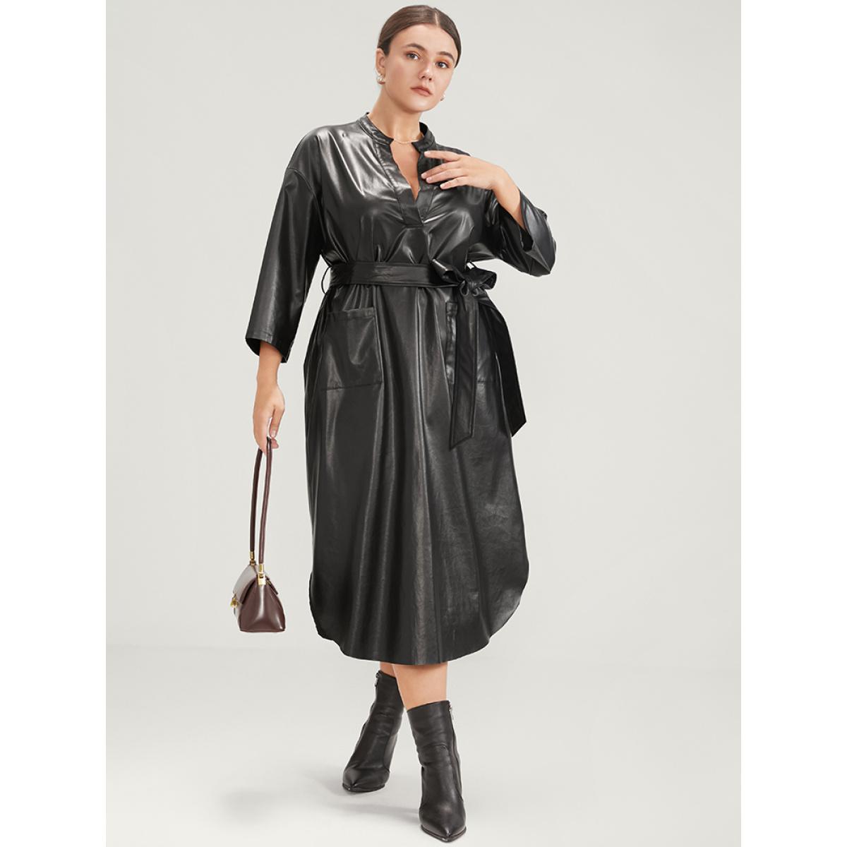 Plus Size PU Leather Pocket Belted Arc Hem Dress Black Women Party Belted V-neck Elbow-length sleeve Curvy Midi Dress BloomChic 14-16/1X Product Image