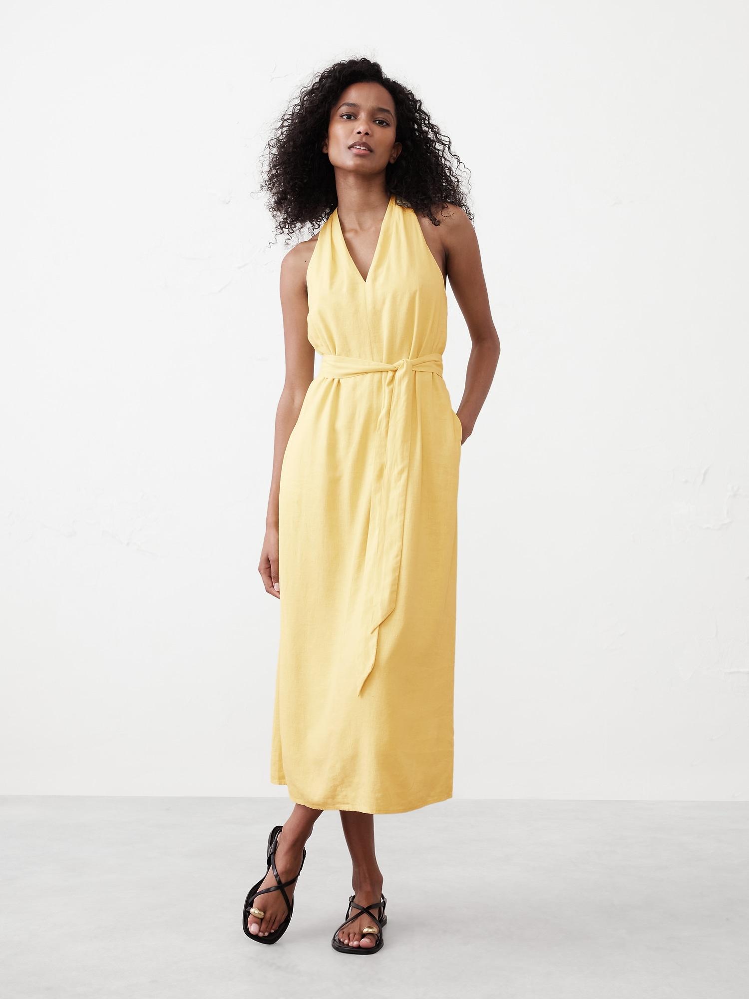 Linen-Blend Twist-Back Midi Dress Product Image