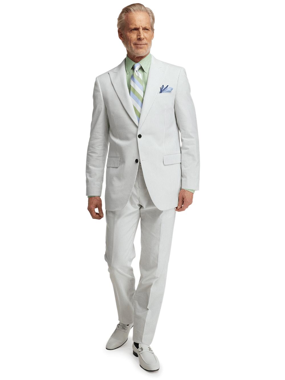 Cotton Stretch Stripe Seersucker Peak Lapel Suit - White/blue Product Image