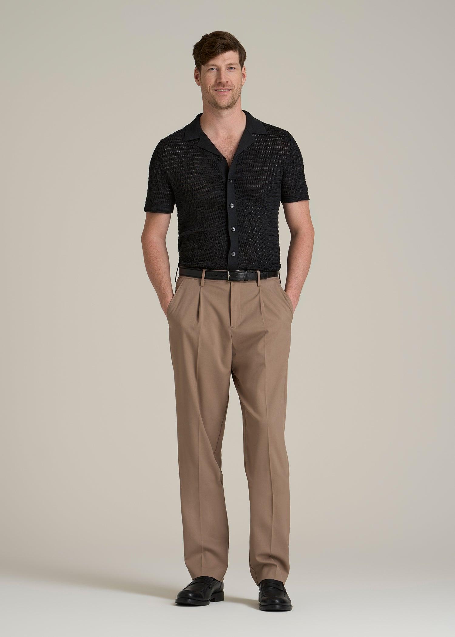 Short Sleeve Crochet Polo Cardigan for Tall Men in Black Male Product Image