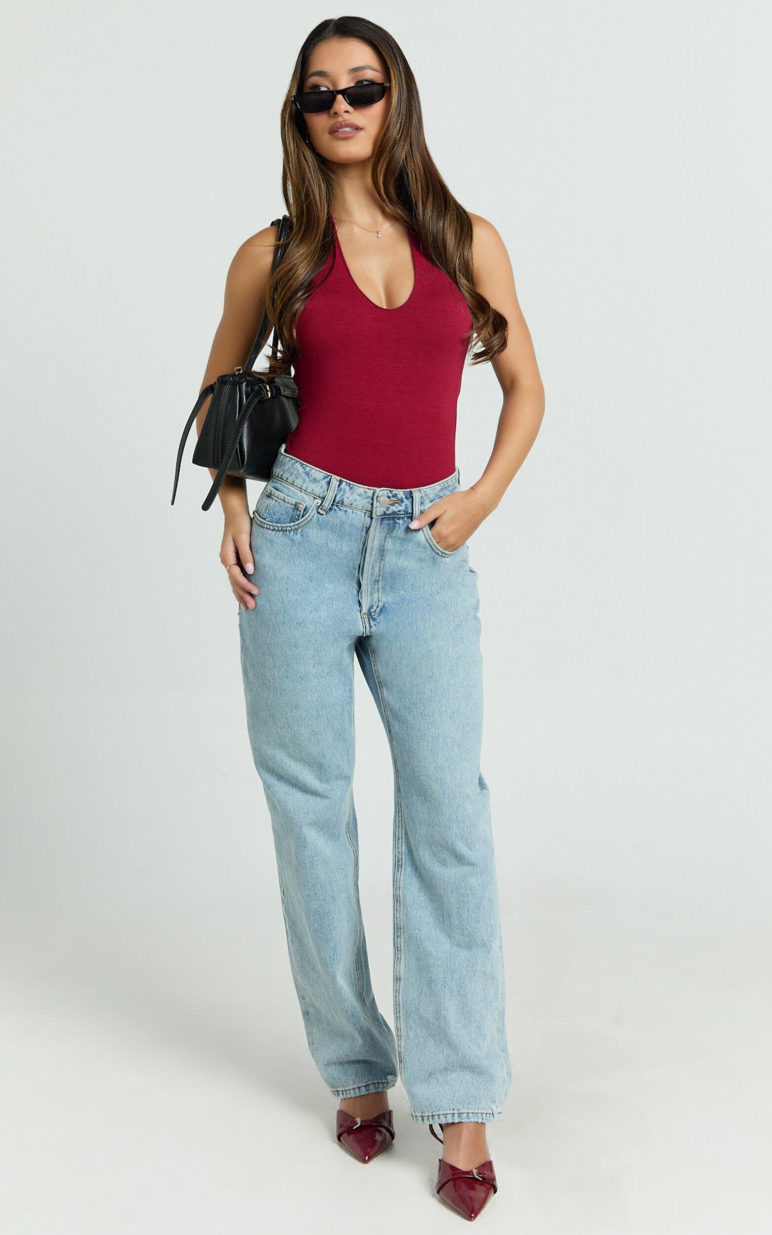 Suzanna Bodysuit - V Neck Halter Bodysuit in Wine Product Image